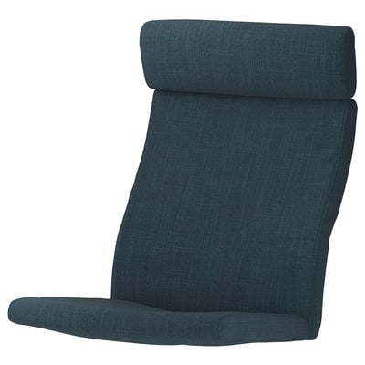The POÄNG chair cushion is a deep blue, rectangular shape with a padded headrest, designed for comfort.