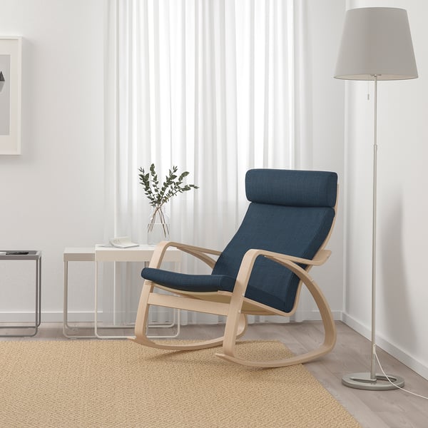Poang Rocking Chair White Stained Oak Veneer Hillared Dark Blue