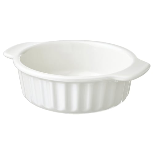 POETISK: small, white round stoneware oven dish with handles, ribbed design, simple timeless look.