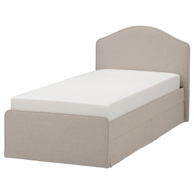 RAMNEFJÄLL bed in light beige, upholstered with soft, recycled fabric, curved headboard, piped edges.