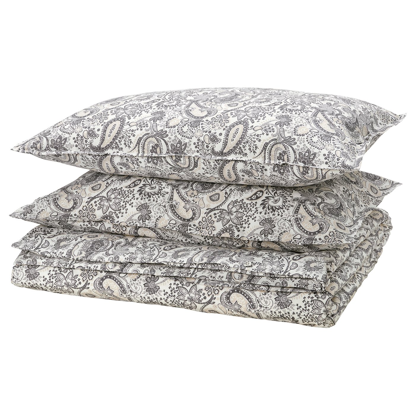 Stack of beige paisley pillowcases with floral designs.
