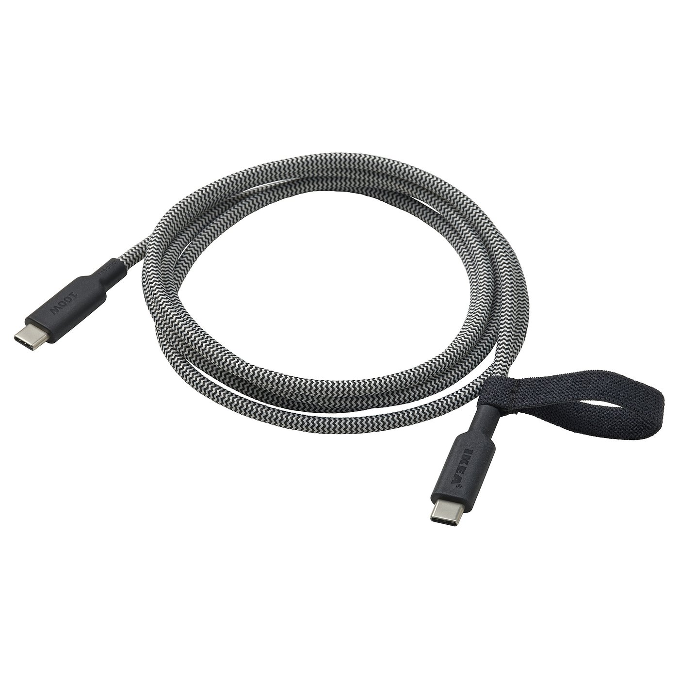 A black and grey usb-c charging cable named RUNDHULT, 1. 5 metres long, with a flexible rubber connector and an elastic band for storage.