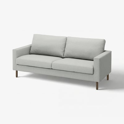 Modern light grey sofa with square cushions and wooden legs.