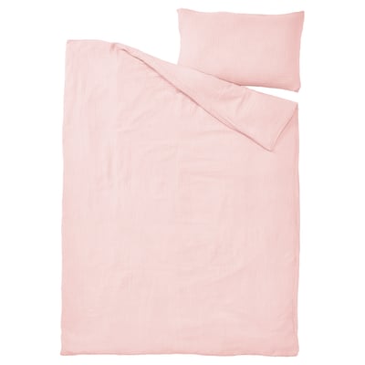 A light pink SCHERSMIN organic cotton duvet cover set with envelope pillowcase. Soft, airy muslin fabric; simple, minimalist design.