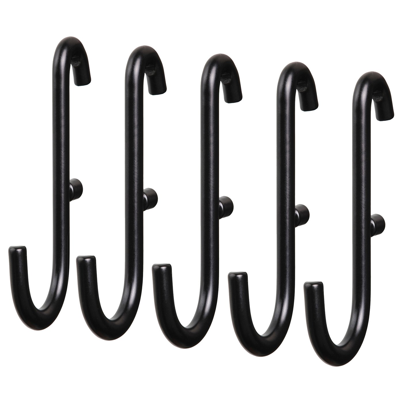 This image SKÅDIS black hooks made of powder-coated steel, designed for organising items on a pegboard, displaying a sleek and functional design.