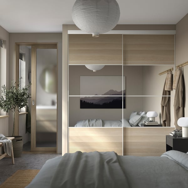 SKYTTA / BOAXEL Reach-in wardrobe with sliding door, white Mehamn/Auli/white stained oak effect mirror glass, 202x65x240 cm