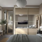 SKYTTA / BOAXEL Reach-in wardrobe with sliding door, white Mehamn/Auli/white stained oak effect mirror glass, 202x65x240 cm