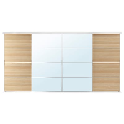 SKYTTA / MEHAMN/AULI Sliding door combination, aluminium/white stained oak effect mirror glass, 401x205 cm