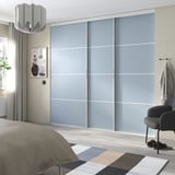 SKYTTA / PAX Walk-in wardrobe with sliding doors, white double sided/Mehamn light blue, 276x160x240 cm