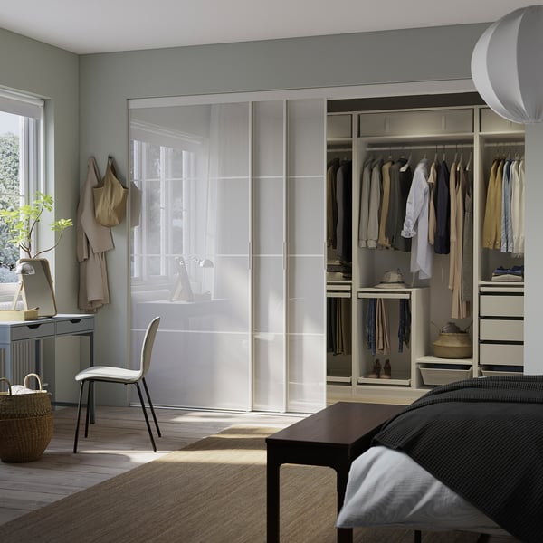 SKYTTA / PAX Walk-in wardrobe with sliding doors, white Hokksund/high-gloss light grey, 301x160x240 cm