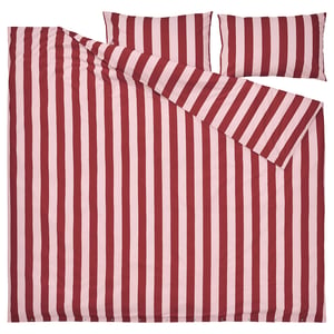 Striped bedding set, pink & red, cotton & lyocell, includes duvet and pillowcases.