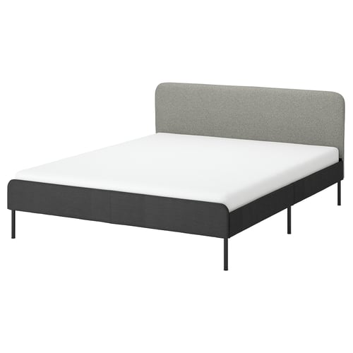 SLATTUM Upholstered bed frame, Vissle dark grey/incl slipcover for headboard Öreryd grey/beige, 160x200 cm