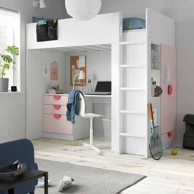 SMÅSTAD Loft bed, white pale pink/with desk with 4 drawers, 90x200 cm