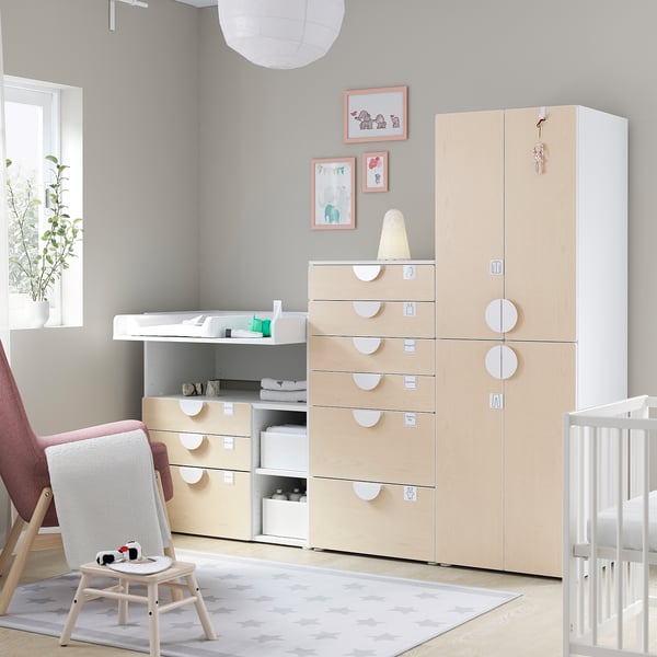 SMÅSTAD / PLATSA Storage combination, white birch/with changing table, 210x79x181 cm