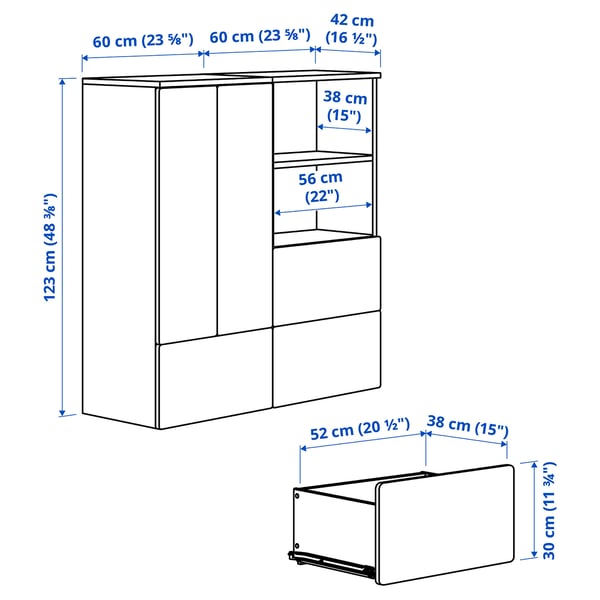 SMÅSTAD / PLATSA Storage combination, white red/stripe with 3 drawers, 120x42x123 cm