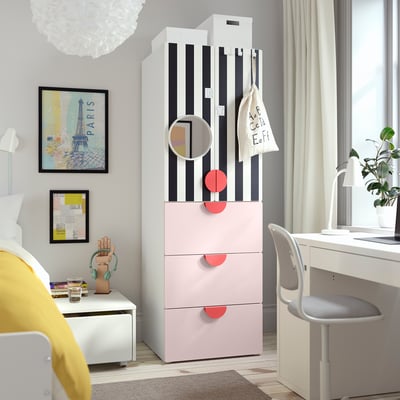 SMÅSTAD / PLATSA Wardrobe, white stripe/pale pink with 3 drawers, 60x57x181 cm