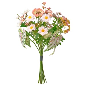 SMYCKA bouquet: pink flowers, green leaves, plastic, round shape, modern design.