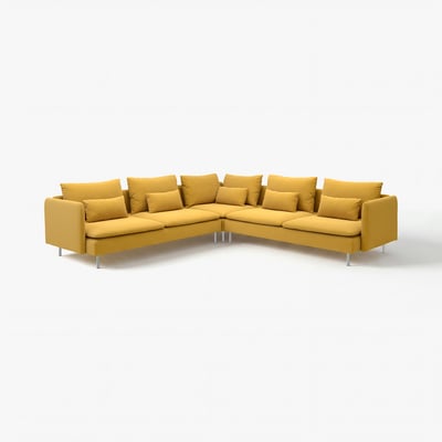 A large yellow SÖDERHAMN l-shaped sectional sofa with plush cushions and metallic legs.