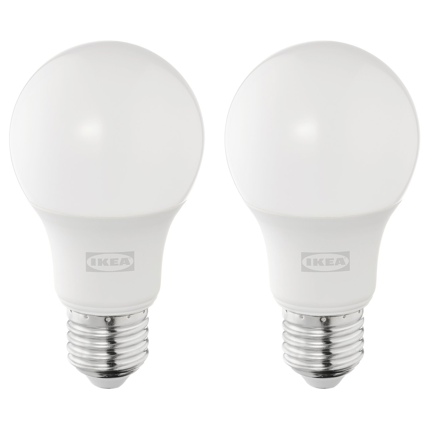 Two ikea led bulbs, white, round shape, silver base, stand upright, brand visible.