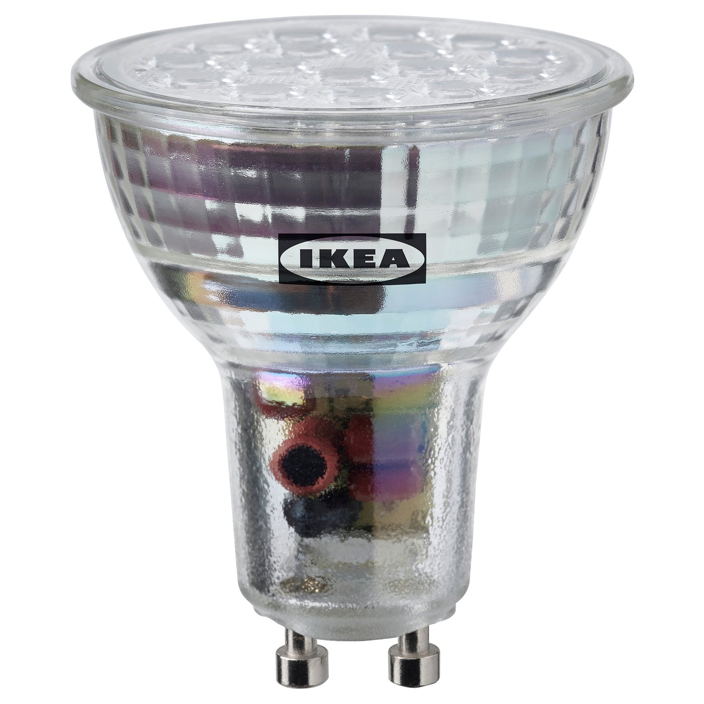 IKEAs SOLHETTA led bulb is bright white, dimmable, and made of durable plastic. Perfect for various settings.