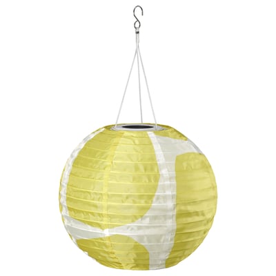 SOLVINDEN hanging lamp, yellow with white swirls, spherical, solar-powered.