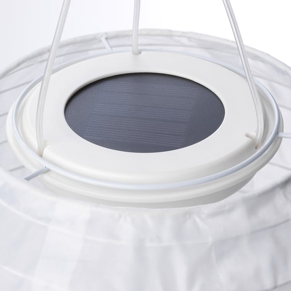 SOLVINDEN solar-powered lamp, white with grey shade, hanging. Modern, eco-friendly design.