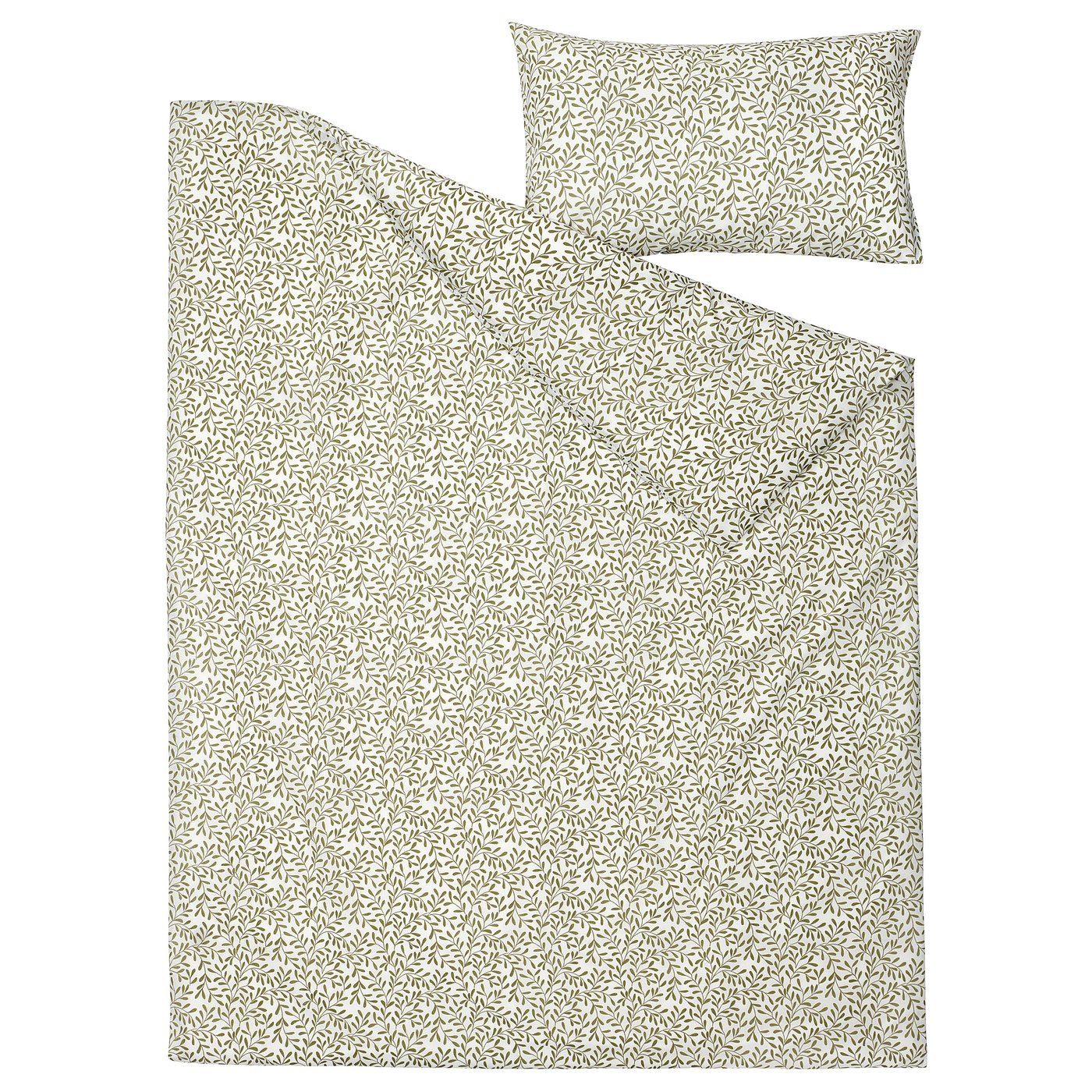 SORGMANTEL duvet & pillow set, greenish cream, leaf pattern, breathable, recycled polyester & cotton.