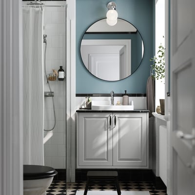 TÄNNFORSEN / RUTSJÖN Wash-stnd w doors/wash-basin/tap, light grey/black marble effect, 82x49x76 cm