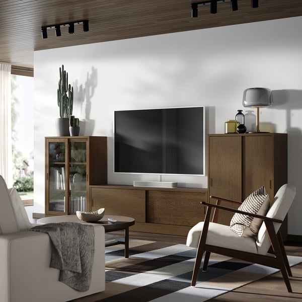 TONSTAD TV/storage comb with sliding doors, brown stained oak veneer/clear glass, 342x37x120 cm