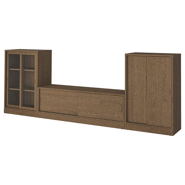 TONSTAD TV/storage comb with sliding doors, brown stained oak veneer/clear glass, 342x37x120 cm