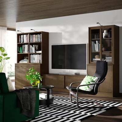 TONSTAD TV storage combination, brown stained oak veneer/clear glass, 381x47x201 cm