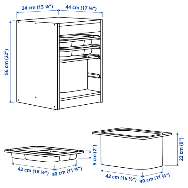 TROFAST Storage combination with box/trays, white turquoise/grey-blue, 34x44x56 cm