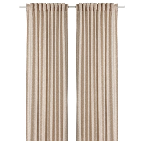 Two beige curtains with subtle floral patterns hang side by side, featuring a neat rod pocket top for a streamlined look.