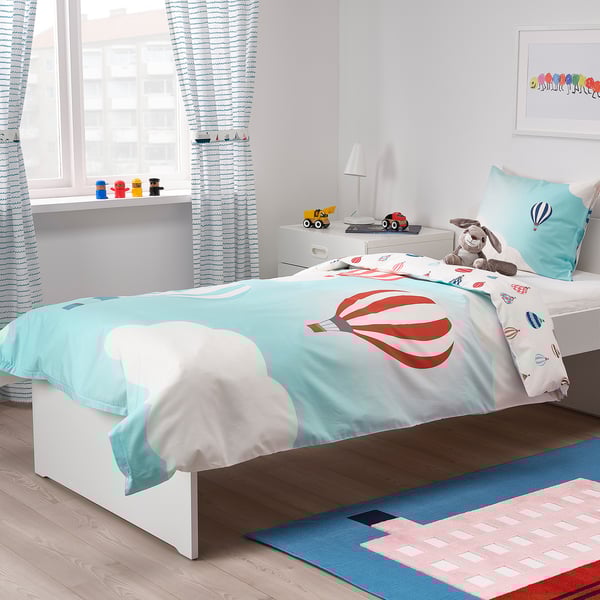 UPPTÅG Quilt cover and pillowcase, air balloon pattern/blue, 150x200/50x80 cm