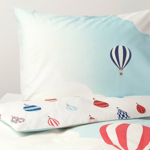 UPPTÅG Quilt cover and pillowcase, air balloon pattern/blue, 150x200/50x80 cm
