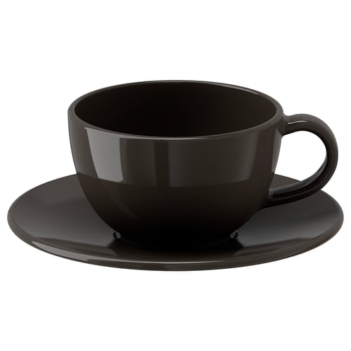 Black VARDAGEN teacup on saucer, glossy stoneware, round shape with simple design.