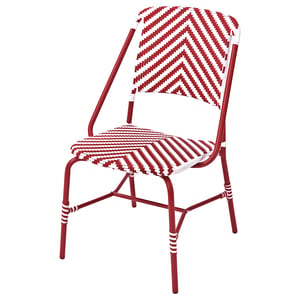 VASSHOLMEN red-white chair, metal frame, intricate woven seat/back, stylish french bistro design.