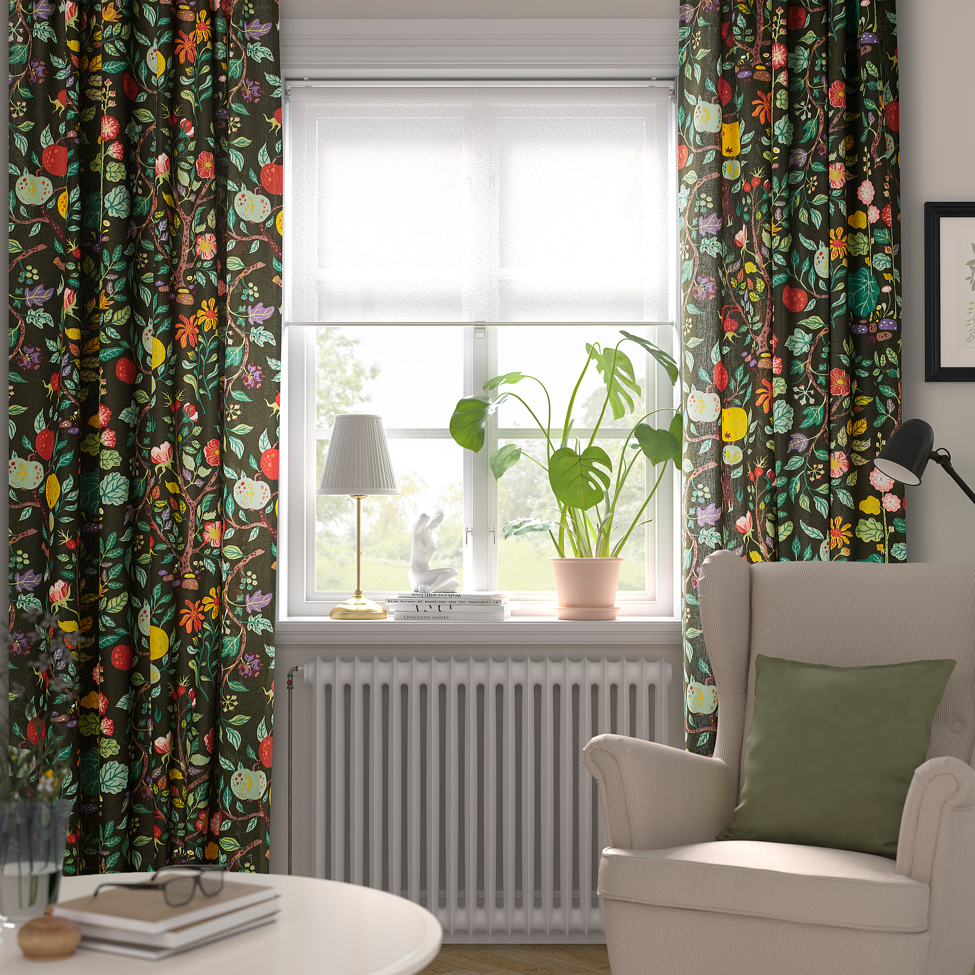 VILDPERSILJA Curtains, 1 pair, black-green multicolour/floral pattern with heading tape, 145x300 cm