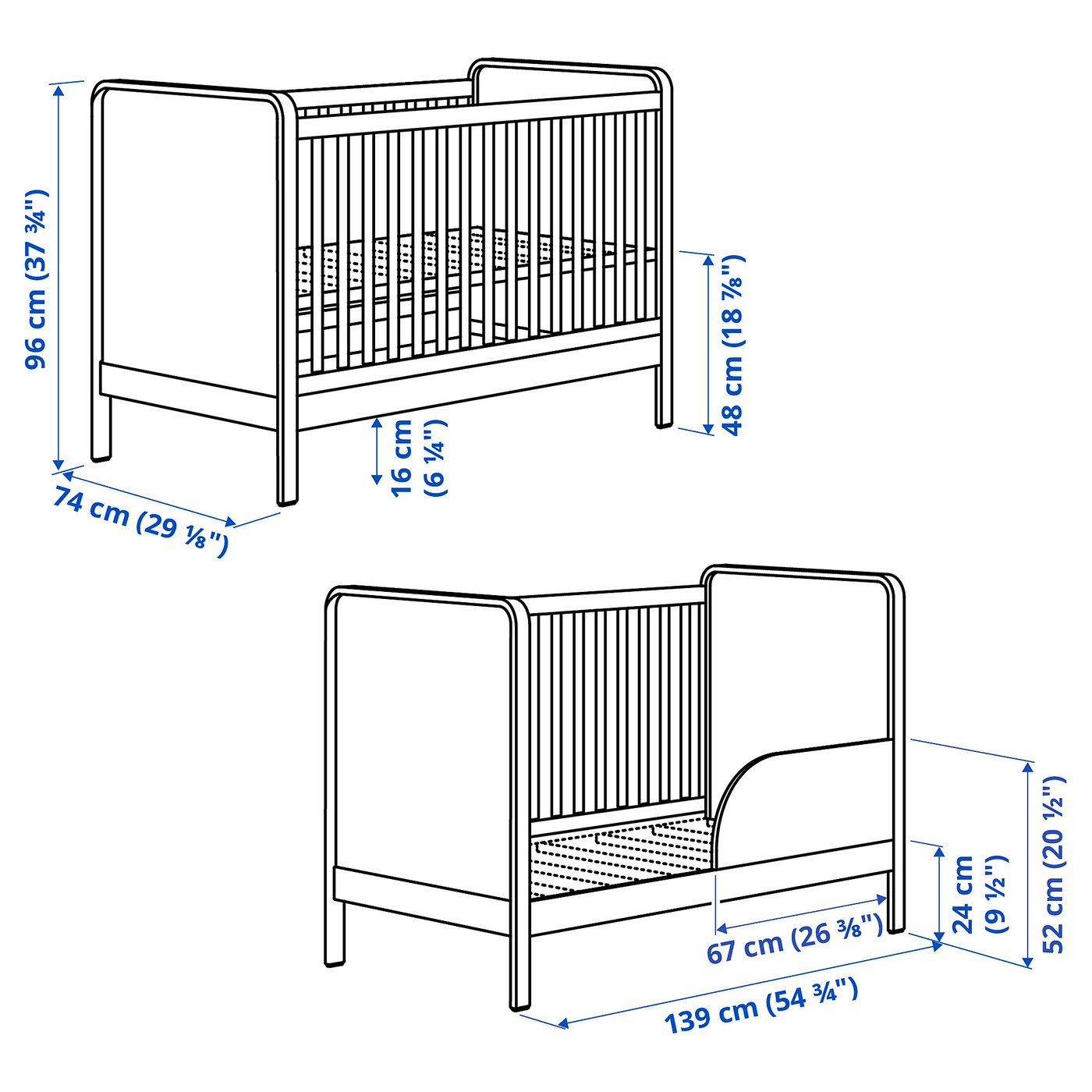 ÄLSKVÄRD Crib - birch/white 70x132 cm (27 1/2x52 ")