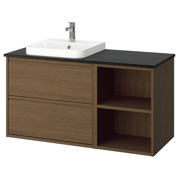 ÄNGSJÖN / BACKSJÖN Sink cab/sinks/faucet, brown oak effect/black marble effect, 49x21 1/2x28 1/4 "