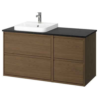 ÄNGSJÖN vanity set: light brown wood, black countertop, modern clean lines.