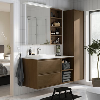 ÄNGSJÖN / BACKSJÖN sink cab/sinks/faucet, brown oak effect/white marble ...