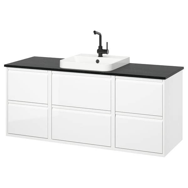 ÄNGSJÖN / BACKSJÖN Sink cab/sinks/faucet, high gloss white/black marble effect, 61x21 1/2x28 1/4 "
