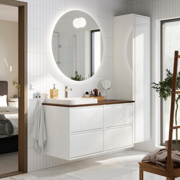 ÄNGSJÖN / BACKSJÖN Sink cab/sinks/faucet, high gloss white/brown walnut effect, 49x21 1/2x28 1/4 "