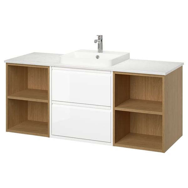 ÄNGSJÖN / BACKSJÖN Sink cab/sinks/faucet, high-gloss white/oak effect/white marble effect, 61x21 1/2x28 1/4 "