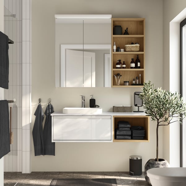 ÄNGSJÖN / BACKSJÖN Sink cab/sinks/faucet, high-gloss white/oak effect/white marble effect, 49x21 1/2x16 1/4 "