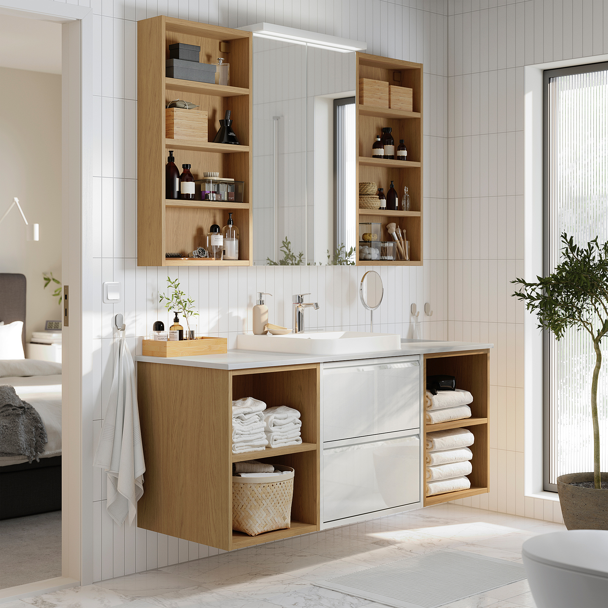 ÄNGSJÖN / BACKSJÖN Sink cab/sinks/faucet, high-gloss white/oak effect/white marble effect, 61x21 1/2x28 1/4 "