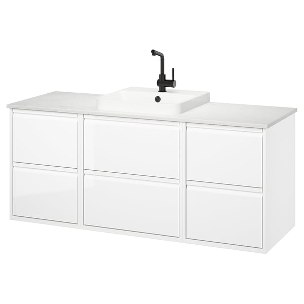 ÄNGSJÖN / BACKSJÖN Sink cab/sinks/faucet, high gloss white/white marble effect, 61x21 1/2x28 1/4 "