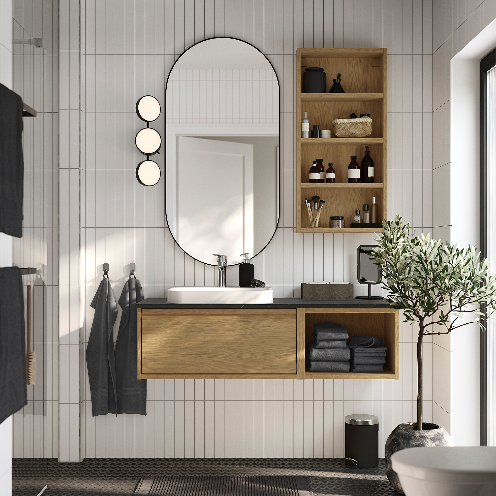 ÄNGSJÖN / BACKSJÖN Sink cab/sinks/faucet, oak effect/black marble effect, 49x21 1/2x16 1/4 "