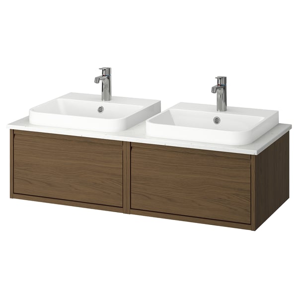 ÄNGSJÖN / BACKSJÖN Sink cab/sinks/taps, brown oak effect/white marble effect, 49x21 1/2x16 1/4 "